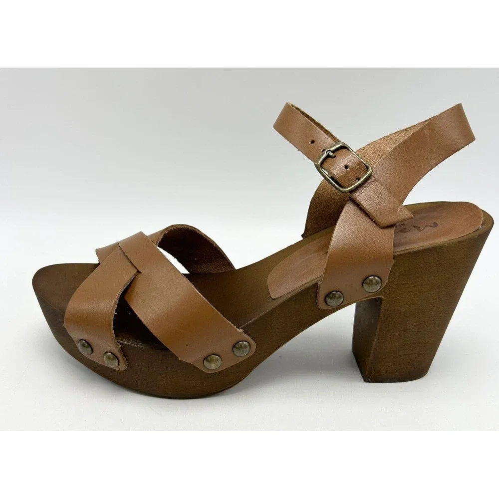 Mariella Sandals Womens 9.5 M Brown Leather Block Heels Wood Look Made in Italy